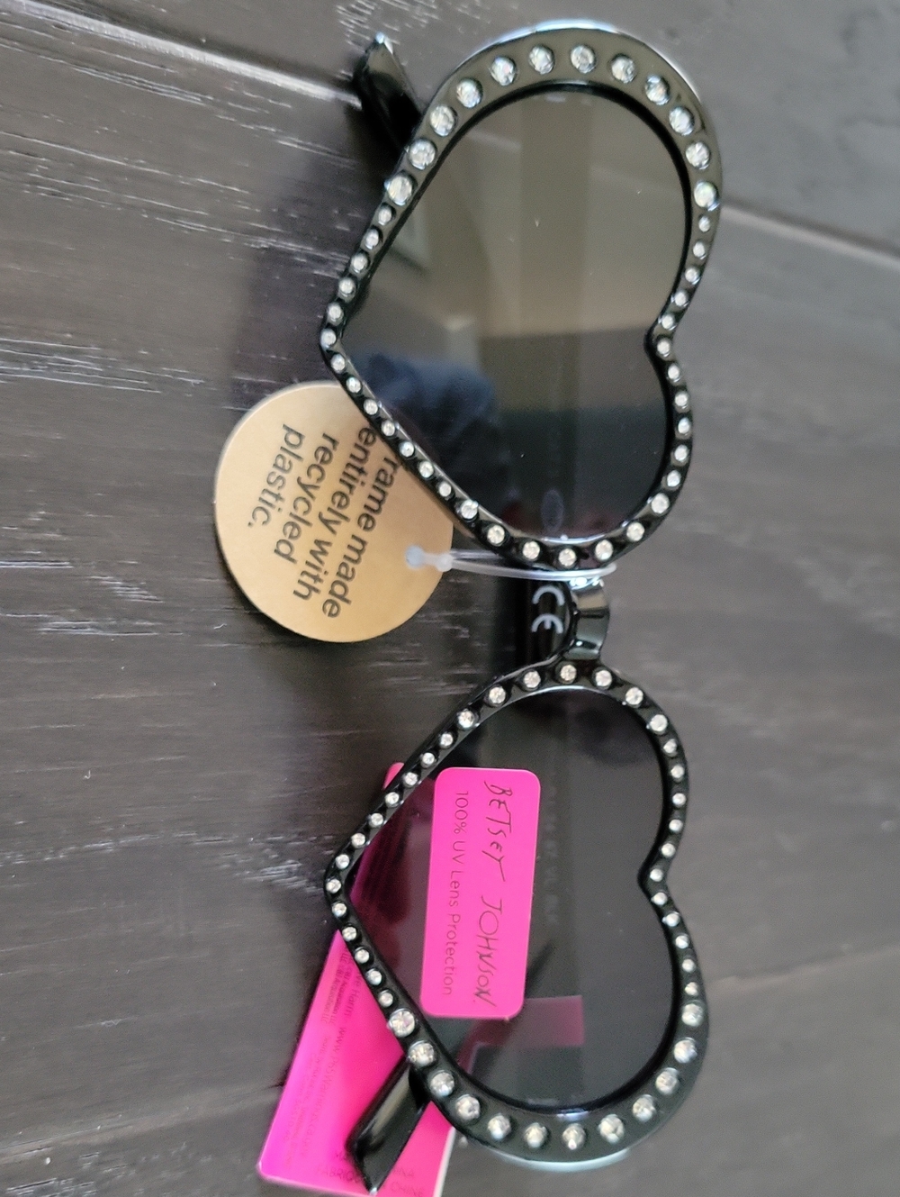 Betsey Johnson Black Heart Sunglasses with Rhinestone Trim